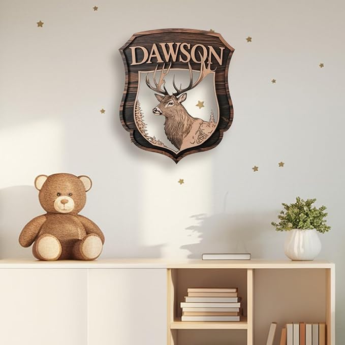 Personalized Nursery Sign, Animals Wooden Sign with Name, Hello World Newborn Sign, Deer Sign for Kid Room Decor, Baby Gifts for Boy, Custom Baby Name Sign, Baby Boy Wall Art Bedroom