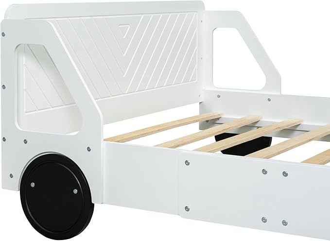 Full Size Car-Shaped Platform Bed with Wheels, Solid Wood Car Bed Frame with Strong Slatted Support for Kids Teens Boys Girls Bedroom, Fun Play Design Kids Floor Bed (White-WL55)