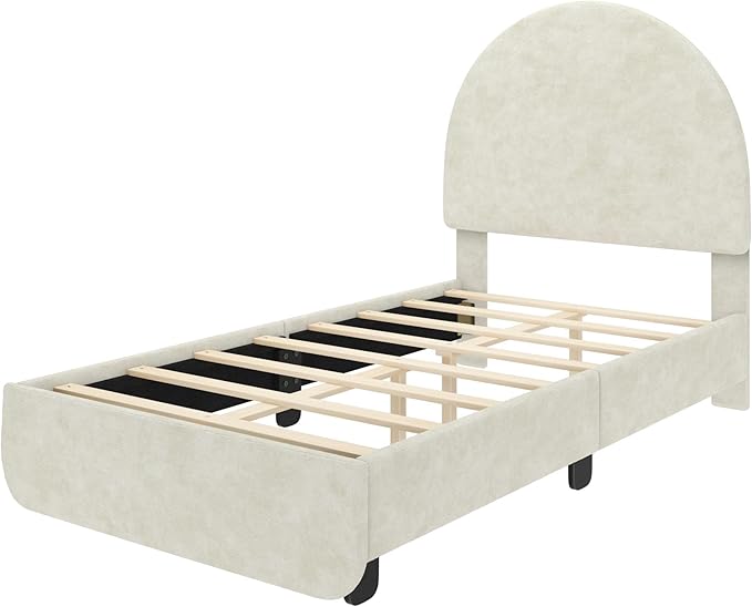 Max & Lily Upholstered Twin Bed Frame with Arch Headboard, Upholstered Platform Bed for Kids, No Box Spring Needed, Easy Assembly, Cream