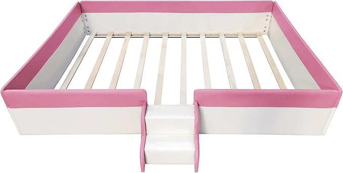 Merax Upholstered Kids' Daybed, Daybed Frame with Fence and Stairs, No Box Spring Needed, Queen Size, Pink+White