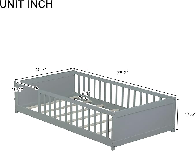 Floor Bed with Rails Twin Size, Wood Montessori Floor Bed with Storage Bookcase, Kids Bed Frame with Fence for Boys Girls, Gray