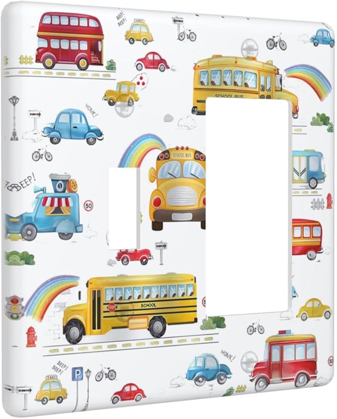 Kids Bus Taxi Truck 2 Gang Light Switch Covers Single Toggle Rocker Combo Wall Plate Electrical Faceplate Decorative Switchplate for Nursery Kidsroom Bedroom Decor