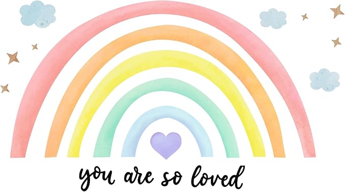 Containlol Rainbow Wall Decals, Playroom Wall Decor for Girl Room, Watercolor Peel and Stick Wallpaper, Boho Wallpaper 30 x 14 Inch Heart Art Stickers for Toddler Bedroom Nursery(Light Color,Lively)