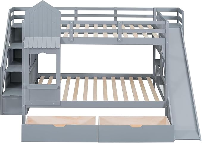 MERITLINE Full Over Full Castle Bunk Bed with Slide,Stairs and Drawers,Solid Wood Floor House Princess Bunk Bed with Storage Shelves (Grey,Full Over Full)