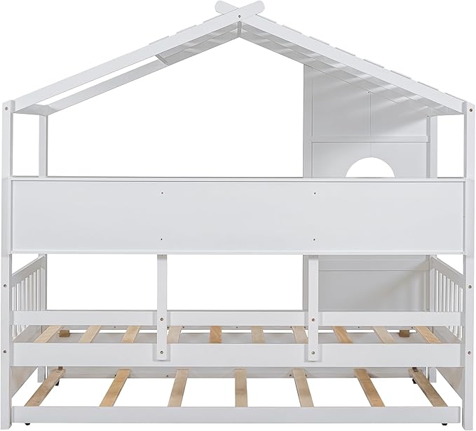 Twin Size House Bed with Trundle for Kids,Twin Kids Bed Frame with Storage Shelves,Wood House Bed Frame for Girls,Boys,Can be Decorated,White
