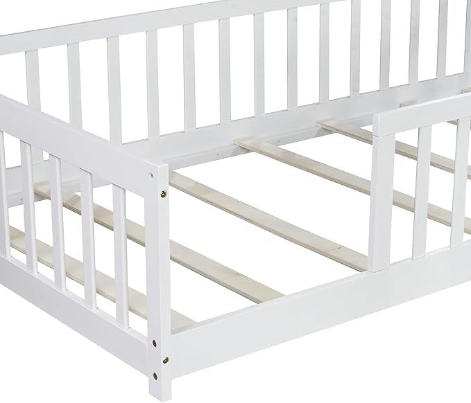 Twin Size Kids Montessori Floor Bed,Twin Floor Bed Frame with Slats,Solid Wood Twin Bed Frame for Girls Boys,White