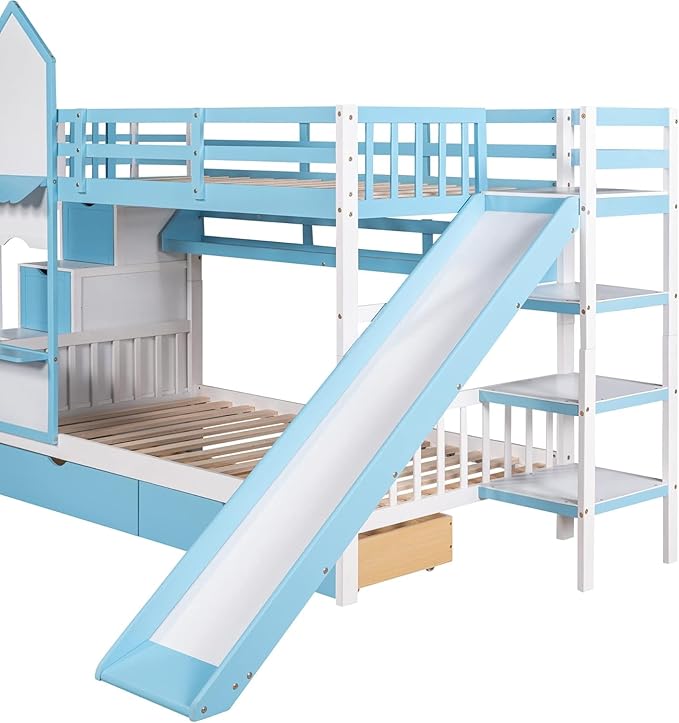 MERITLINE Twin Over Twin Castle Bunk Bed with Slide,Stairs and Drawers,Solid Wood Floor House Princess Bunk Bed with Storage Shelves (Blue)