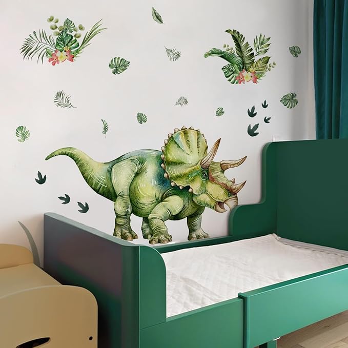 Large Dinosaur Wall Stickers, Geen Triceratops Dino with Plantain Leaf, Wall Decals Peel and Stick Decal for Nursery Kids Room Décor