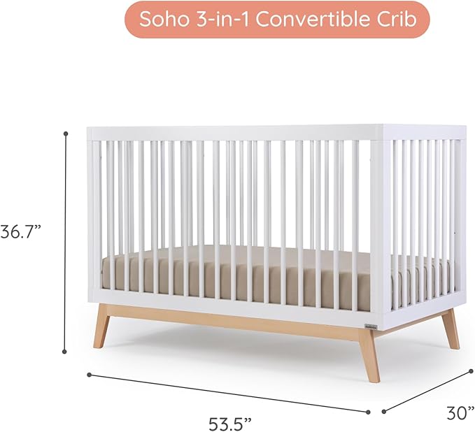 dadada Baby Soho 3 in 1 Convertible Wooden Crib to Toddler Bed - Made in Italy, GREENGUARD Gold Certified, Baby-Safe Finish, Sustainable Beech Wood, Modern Design, 3 Adjustable Heights (White/Natural)