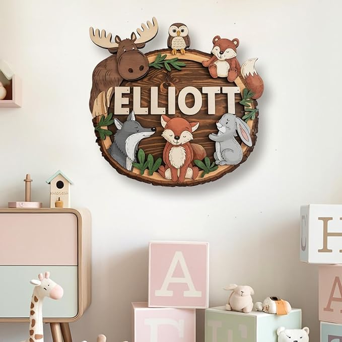 Personalized Baby Name Wooden Sign, Animals, Nursery Decor, Baby Gifts, Custom Name Sign, Wall Art, 8 Inch, Rustic