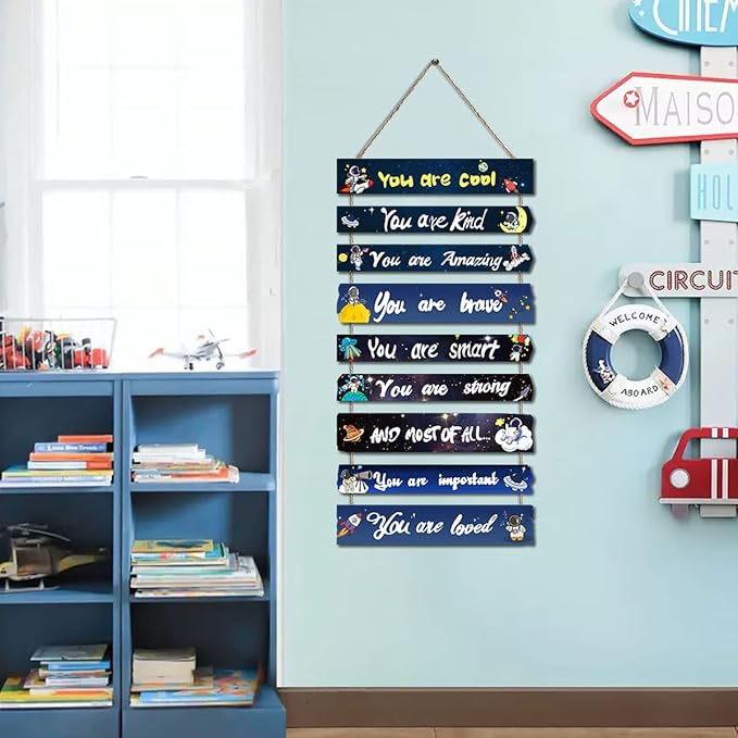 JEVUVU Outer Space Room Decor for Teen Boys Aesthetic, Cool Bedroom Wall Decor for Baby Boy, Navy Blue Kids Wall Art Signs, Fun Stuff Black Decorations for Nursery Bed Room Dorm Classroom Bathroom