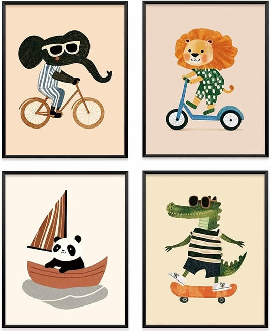 VONTP Kids Animal Nursery Wall Art Decor, Retro Lion Panda Crocodile Elephant Nursery Prints Poster Wall Decorations for Kids Nursery Toddler Room Bedroom Playroom, 8x10 Inch Set of 4 (Unframed)