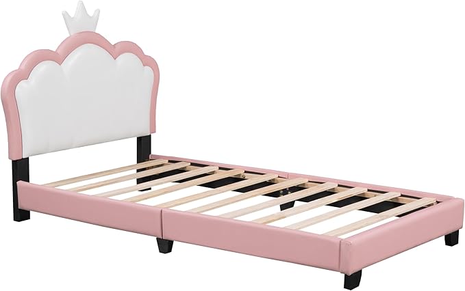 Twin Size Princess Bed Frame with Crown Shaped Headboard for Kids,Upholstered Platform Bed with Slats Support,Twin Girls Bed,Twin Bed for Girls Teens,Pink