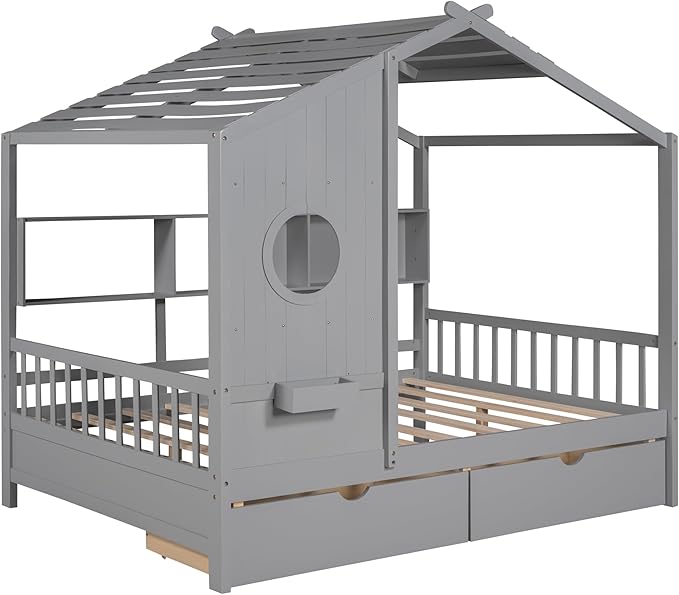 Full Size House Bed with 2 Drawers and Storage Shelf, Playhouse Design Solid Wood Kids Platform Bed Frame for Girls Boys, Decorable Daybed with Sturdy Slats Support, Space-Saving (AF-Gray)