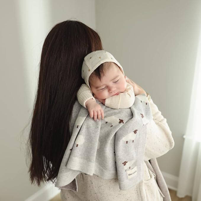 Luxury Cotton Knit Swaddle Baby Blanket - Soft Cozy Lightweight Unisex Receiving Swaddler Stroller Quilt Blanket for Shower Gift Registry for Newborns Infants Toddlers (Sheep - Ivory)