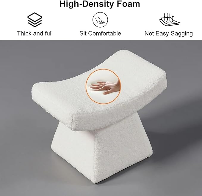 homary Vanity Chair Boucle Curve Ottoman, Plush Upholstered Foot Stool for Lving Room, High-Resilience Foam Chair for Bedroom, Stool Short for Entryways (White)