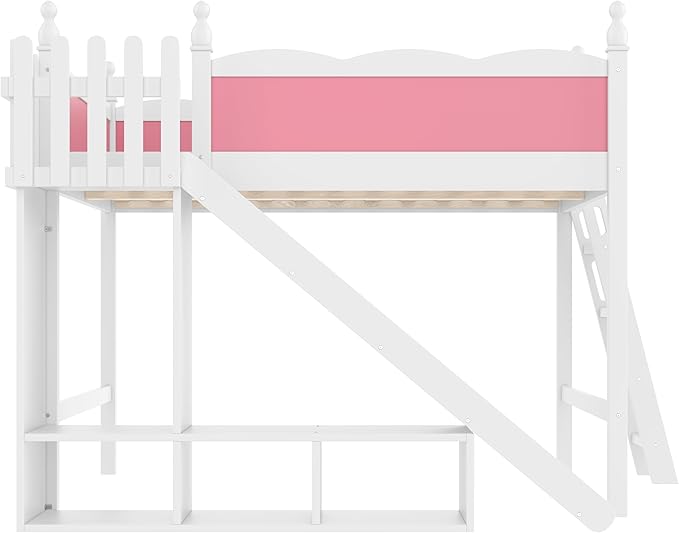 SOFTSEA Queen Size Loft Bed with Slide & Shelves, Kids Wood Loft Bed with Open Shelves and Cabinet, Playhouse Bed Frame with Detachable Slide and Ladder for Kids Girls, Pink + White