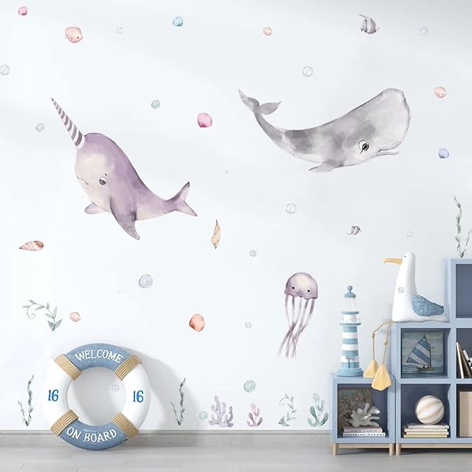 Whale Wall Dcals Peel and Stick for Kids Whale Removable Wall Stickers with Sea Life, Vinyl Ocean Wall Stickers for Bedroom Bathroom Nursery