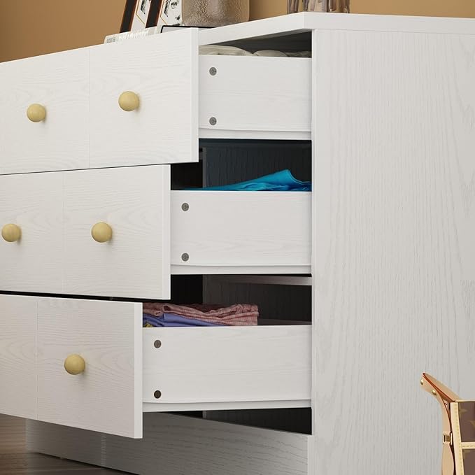 White Dresser for Bedroom 9 Drawer Dresser, Chest of Drawers Wide Dresser with Wood Knobs, Modern Dresser Drawer Chest, Living Room Hallway, Wood Grain, 15.7”D x 47.2”W x 27.6”H