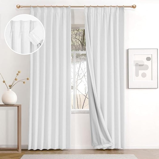 IVAPUPU Linen Pinch Pleated 100% Blackout Curtains for Bedroom - 2 Pages Black Out White Curtains 63 Inch Long 2 Panel for Living Room Darkening Thermal Window Curtain Drapes with 16pc Hooks