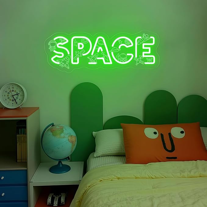 Custom SPACE Neon Sign, Space Theme LED Wall Light, Rocket Astronaut Planet Neon Decor, Cosmic Theme Light Art for Kids’ Bedroom, Nursery Decor, Children’s Play & Sleep Spaces 15.7″ × 5.9″