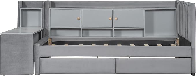 Twin Size Daybed with Desk, Storage Drawers and L-Shaped Bookshelf Headboard, Velvet Upholstered Soft Corner Bed with Flip Cabinets and Shelves for Kids Boys Girls, Gray