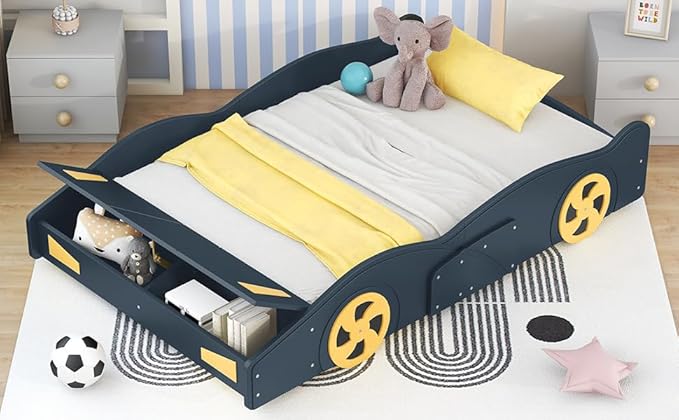 Flieks Full Size Race Car-Shaped Platform Bed Frame for Boys Girls Kids Adults Toddler with Wheels and Storage, Dark Blue+Yellow