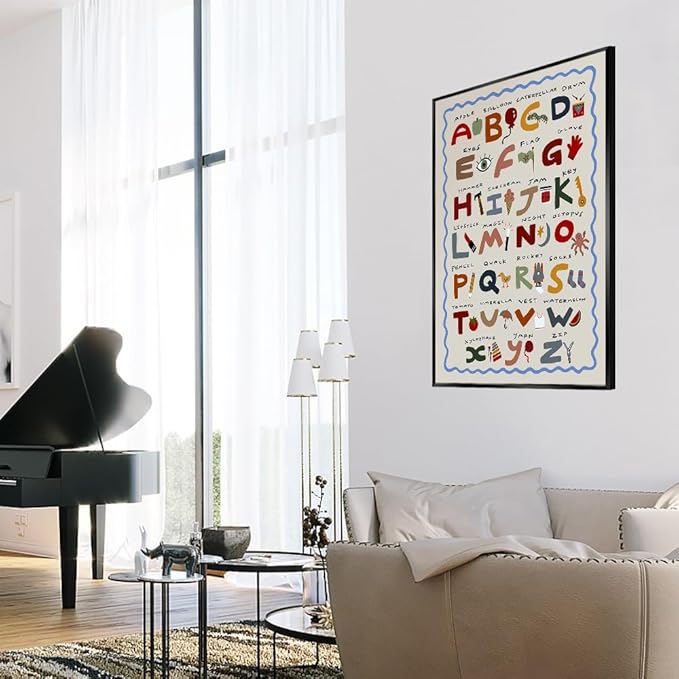 Cute First Illustration Alphabet Learning Canvas Print Posters Funny Nursery Wall Art Boho Kids Educational Abc Chart Colorful Decor Picture for Toddlers Classroom 20x30inch Metal Black Frame