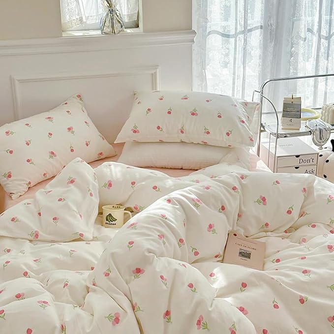 Nayoroom Pink Floral Comforter Set Full Size Coquette Tulip Printed on White Comforter 3 Pieces Kids Girls Soft Cute Dorm Bedding Set for All Seasons (1 Comforter, 2 Pillow Shams)