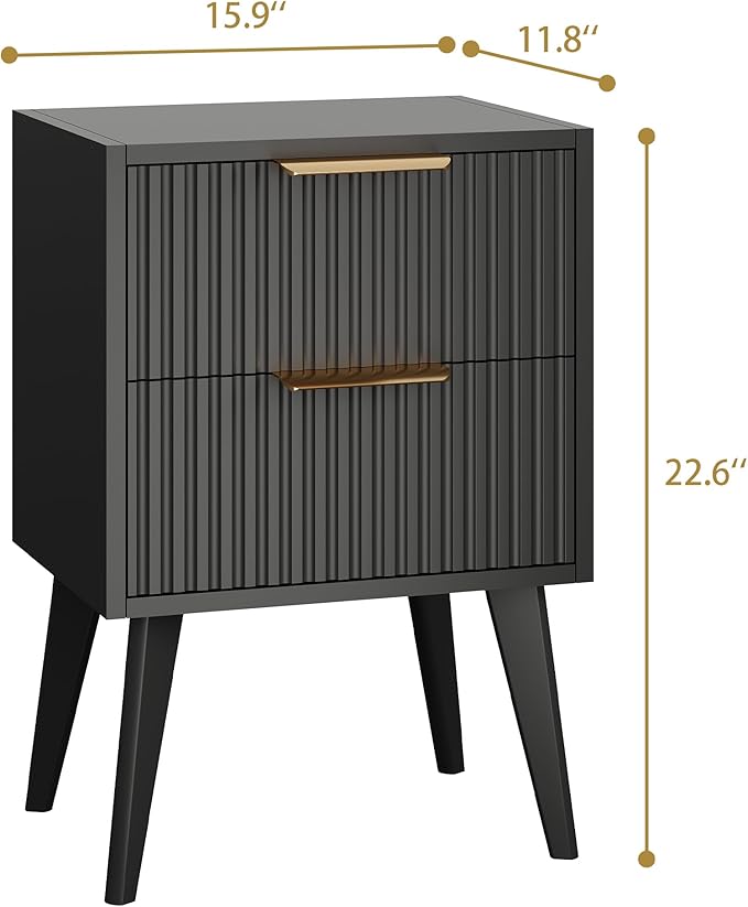 Night Stand,Modern Bedside Table,Black Nightstand with 2 Storage Drawers,Fluted Side Table with Solid Wood Legs,Mid Century End Table for Living Room,Bedroom,Small Space,Black CTG55BK
