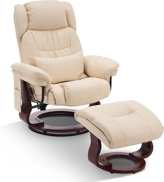 MCombo Swivel Recliners with Ottoman, Vibration Massage TV Chairs with Side Pocket, Faux Leather Ergonomic Lounge Chair for Living Room Bedroom 4734 (Cream White)