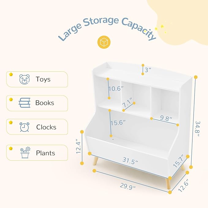 Curipeer Kids Bookshelf and Toy Storage, 3-Tier Wooden Open Bookcase, Baby Book and Toy Storage Display Organizer with Spacious Top Shelf for Children, Family, White(Large Size)