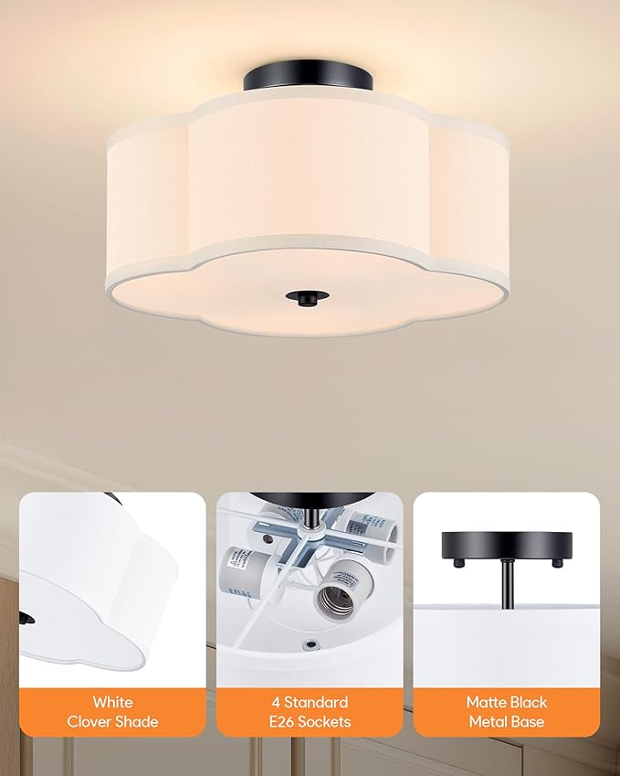 VONLUCE Semi-Flush Mount Ceiling Light, 12.8" Modern 4-Light Ceiling Light Fixture with White Clover-Shaped Shade 4 E26 Sockets for Bedroom Entryway Living Room, Black Finish, ETL Certificated