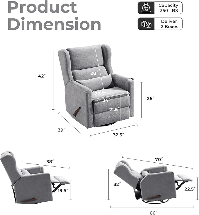 Swivel Rocker Recliner Chair,Comfy Glider Rocker Recliner with Adjustable Headrest,Rocking Chair Nursery for Living Room & Bedroom,Chenille,Grey