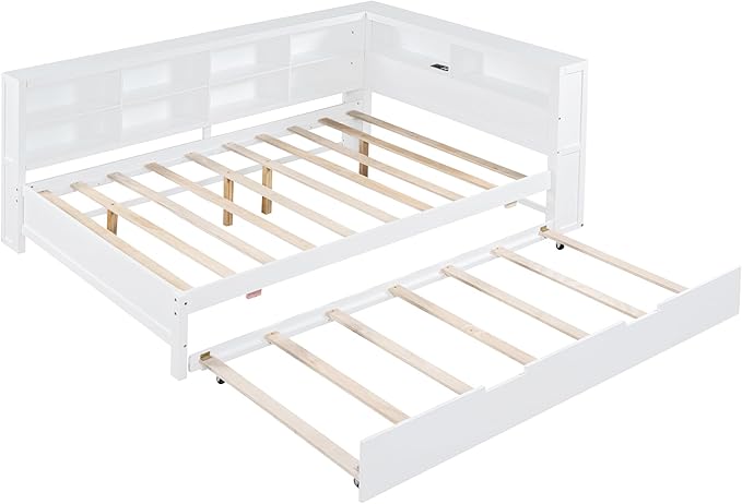 Harper & Bright Designs Full Size Daybed with Trundle and Charging Station, Wooden Full Storage Bed Frame with L-Shaped Bookcases, Full Platform Bed with Shelves for Kids Girls Boys, White