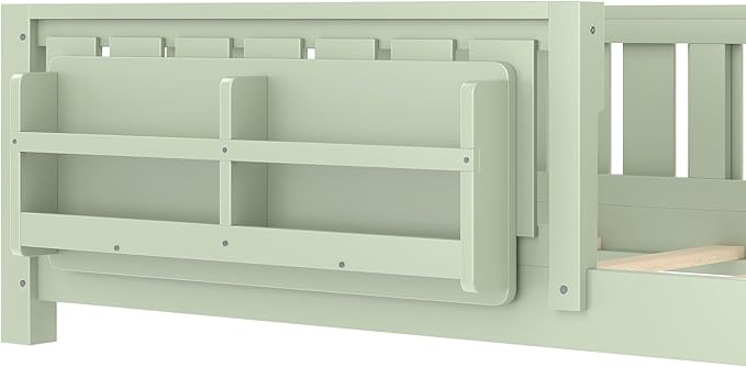 Bellemave Twin Size Floor Bed with high Rails and with Built-in Bookshelf for Kids, Girls, Boys, Wood Montessori Floor Bed Without Door, Avocado Green