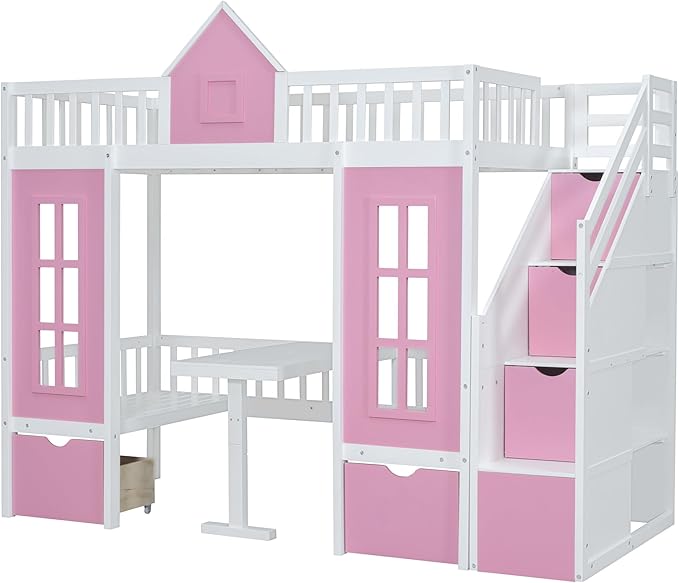 Playhouse Twin Size Loft Bed with Storage Staircase, Solid Wood Bunk Bed Frame with Guardrail for Kids Teens Boys Girls, Down Bed Convertible to Seats and Table Set (Pink-C)
