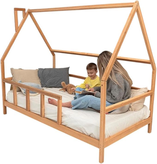 BUSY WOOD Montessori Bed for Toddlers - Cozy House Bed for Kids - Wooden Loft Toddler Bed Frame - House Bed Frame - Montessori Bed with Rails - Toddler Bedroom Furniture (Model 1, Legs and Slats)