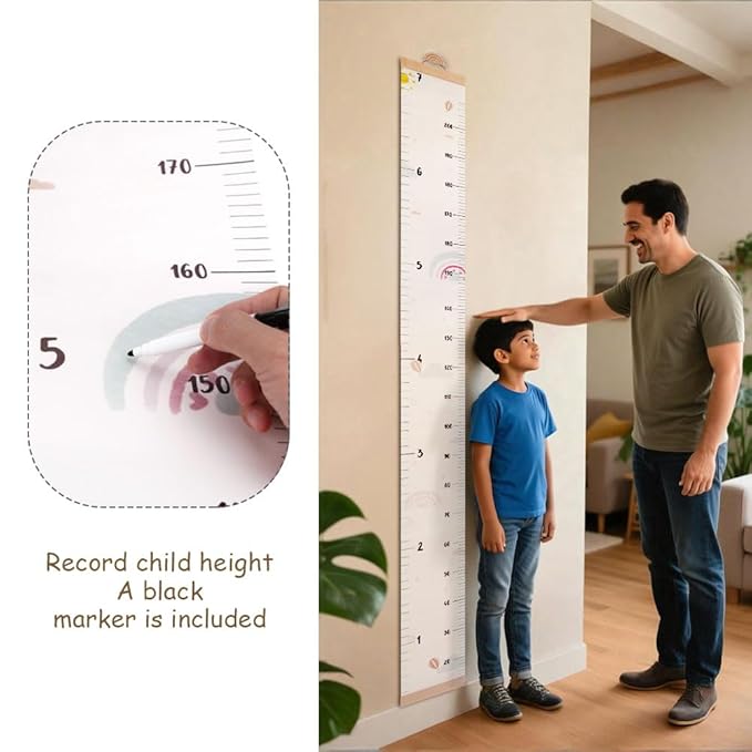 CEYAZYE Growth Chart for Wall, 7 Ft Height Chart Measurement for Kids, Waterproof Canvas Wall Tracker Ruler with Wooden Keepsake Box, Hook& Marker Pen, Neutral Nursery Room Decor Gift for Baby to Teen