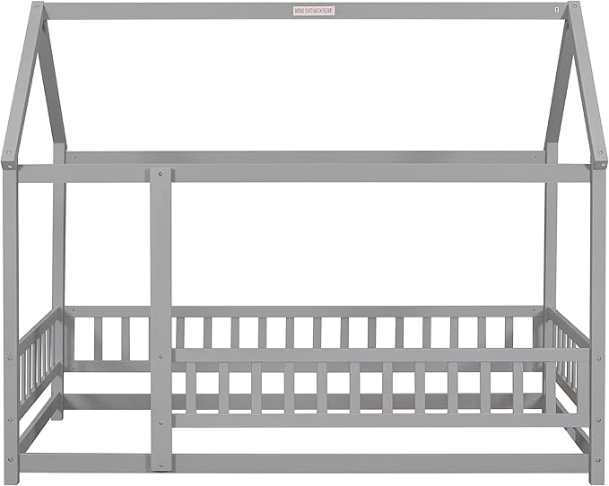 Bellemave Twin Size House Floor Bed Frame,Wooden Montessori Floor Bed with Fence for Kids,Twin Size Kids Bed,Gray