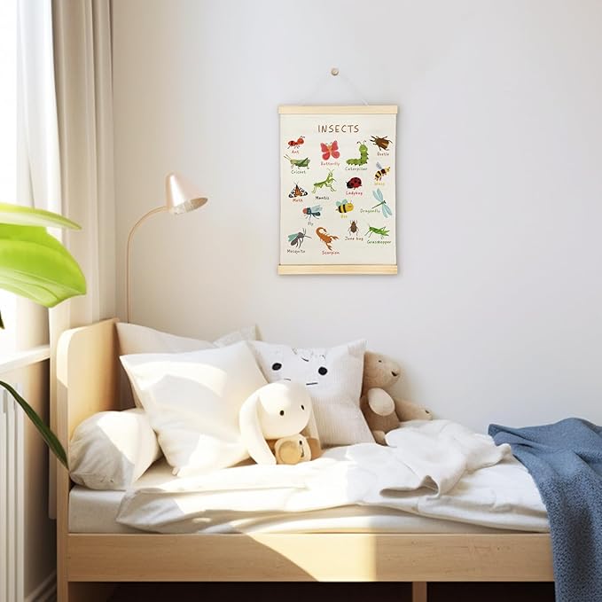 SereneHanctuary Insect Animal Wall Art,Animal Nursery Wall Decor, Boho Insects Educational Poster Hanger Frame for Toddler Kids Bedroom Nursery Playroom Classroom Decor,12x16 Inches