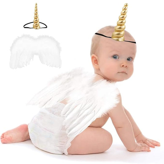 2PCS White Angel Wings With Gold Unicorn Headband For Newborn Infant Photography Props Soft Fairy Feather Wings For Toddlers Kids Girls Gifts(Color D, One Size)