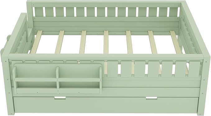 Bellemave Full Size Kids Bed with high Rails and with Built-in Bookshelf and Trundle for Kids, Girls, Boys, Wood Montessori Bed Without Door, Avocado Green