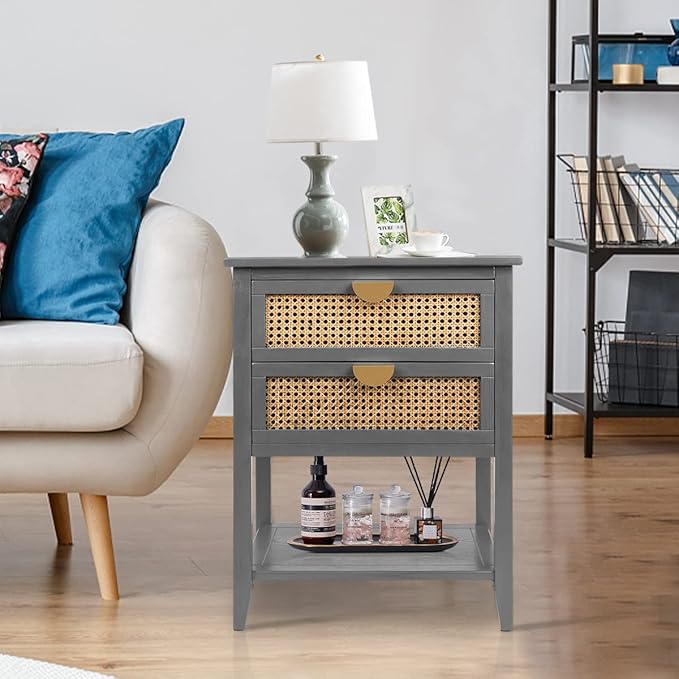 Nightstands with 2 Drawers, Rattan Night Stand Bedside Table End Table Standing Storage Cabinet Organizer Dresser Drawer and Shelf for Entryway, Living Room, Bedroom, Nursery(Grey)