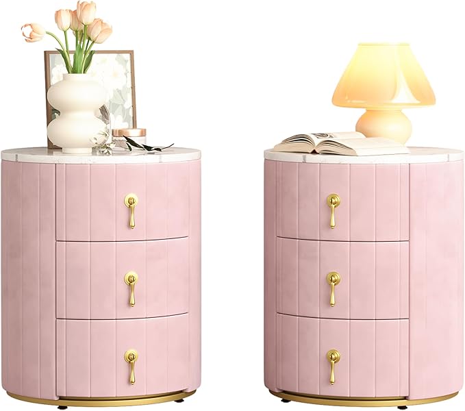 Bellemave Set of 2 Upholstered Nightstand with 3 Drawers, Two Round Bedside Tables with Metal Handles, Velvet End Tables, Marbling Stickers Top Nightstands (Pink)