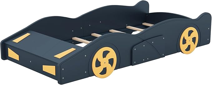 Twin Size Race Car-Shaped Platform Bed with Wheels and Storage,Kids Twin Bed Frame W/Guardrails,Race Car Bed for Boys Toddlers Kids,Child's Bedroom,Dark Blue+Yellow