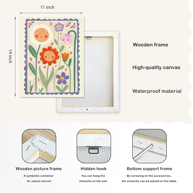 SZERE Cute Kids Smile Floral Canvas Art Decor Posters ,kids flowers Room Bedroom Bathroom Playroom Dorm Classroom Canvas Wall Decor Aesthetic for Nursery Kids Teen Girls Gifts,11x14 Inch Set of 4 Pcs classroom Pictures