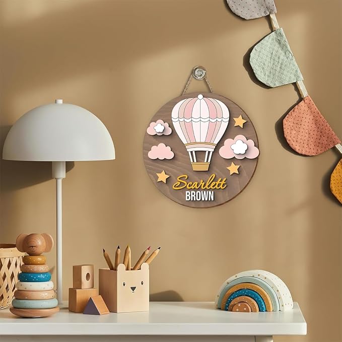 Personalized Hot Air Balloon Wooden Name Sign | Custom Door Sign for Nursery Wall Decor, Girls Room Decor, Boys Bedroom Wall Art, Playroom Decoration, and Wooden Hanging