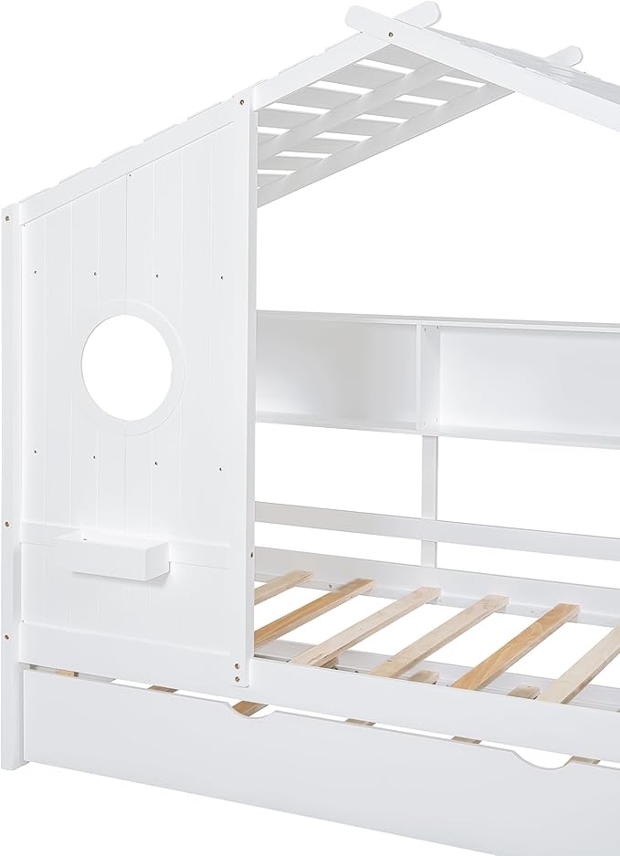 Merax Wood Multifunctional Daybed with Trundle/Storage Shelf, House Low Day Bed for Kids, Space Saving, Easy Assemble White