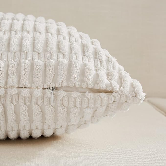 Fancy Homi 2 Packs Pure White Decorative Throw Pillow Covers 18x18 Inch for Living Room Couch Bed Sofa, Rustic Farmhouse Boho Home Decor, Soft Striped Corduroy Square Cushion Case 45x45 cm